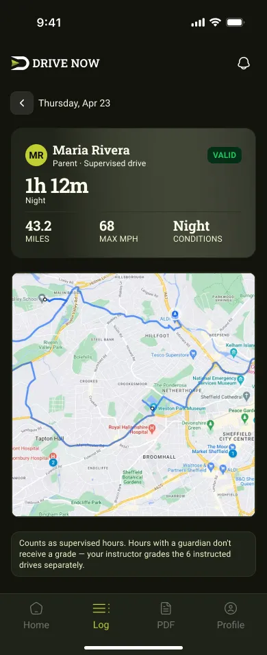 Drive Now logged drive with a GPS map and trip details